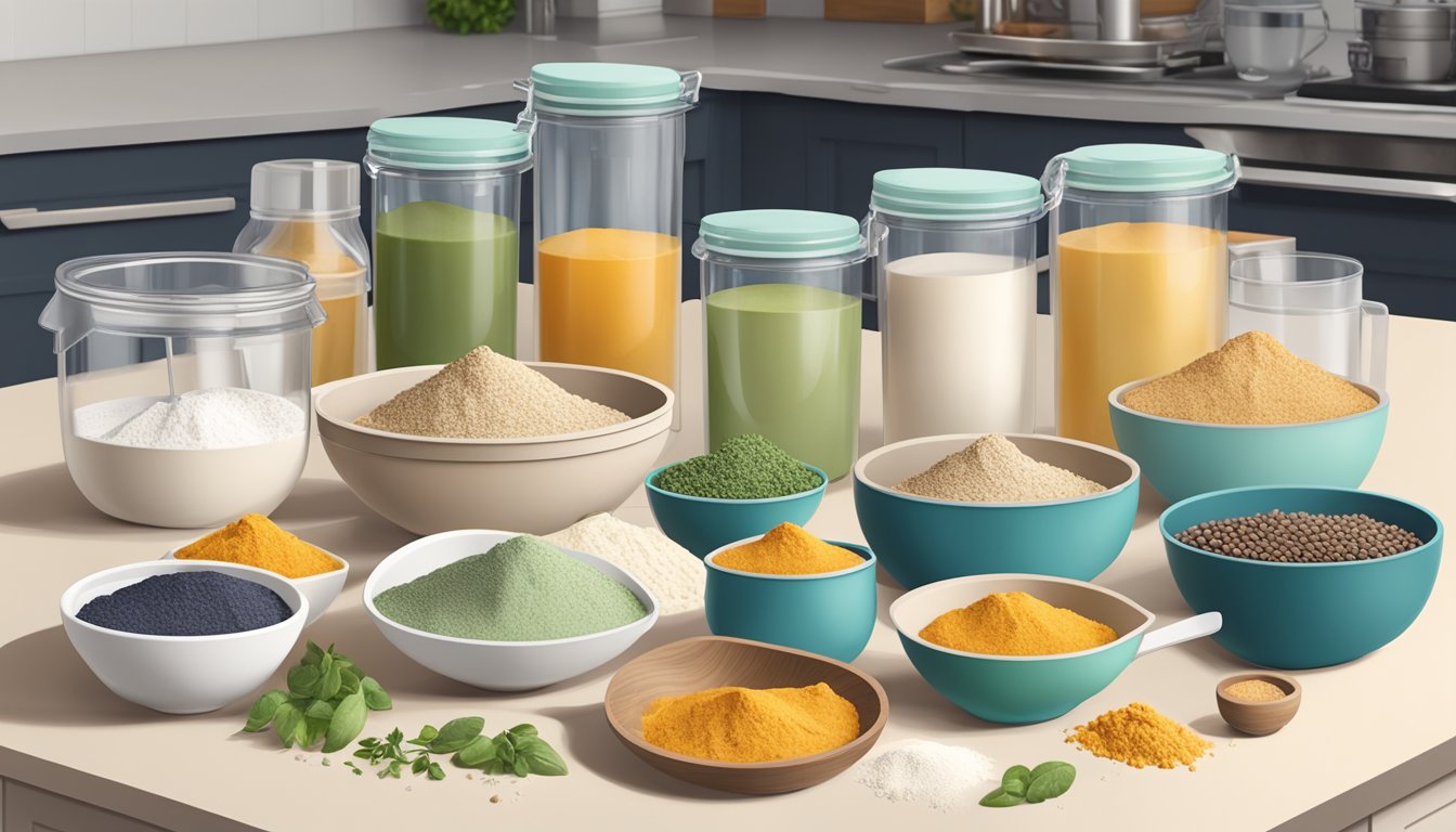 A kitchen counter with various ingredients, including vegan protein powder, surrounded by measuring cups, mixing bowls, and meal prep containers