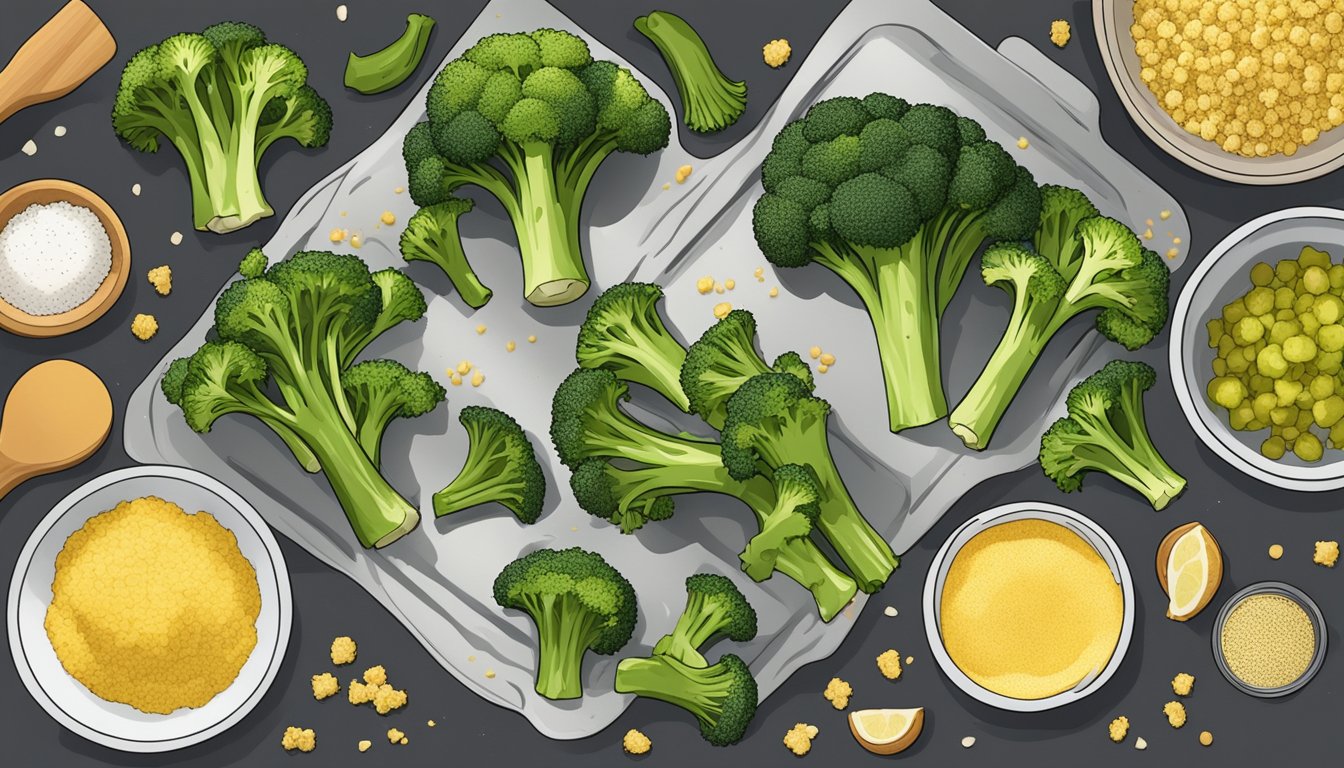 A baking sheet with roasted broccoli sprinkled with nutritional yeast, surrounded by ingredients for meal prep recipes