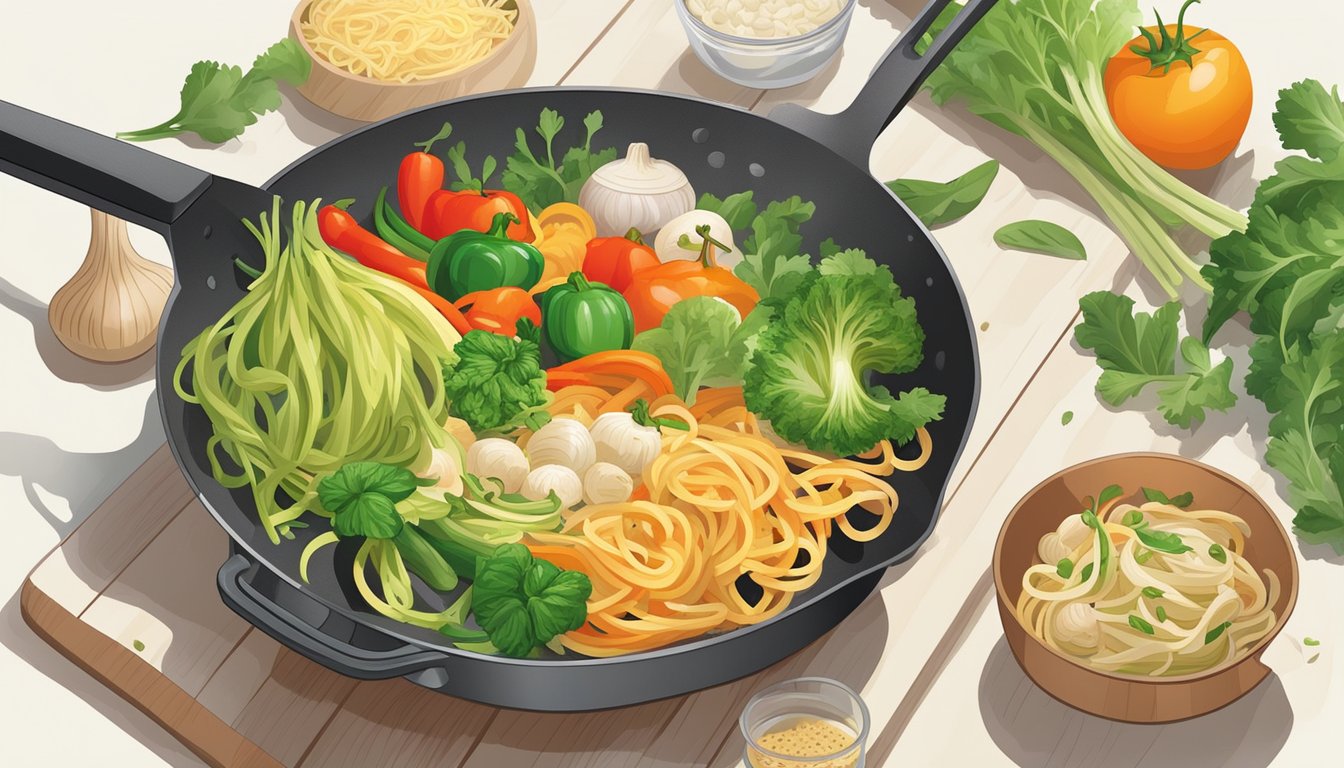 A colorful array of fresh vegetables and celeriac noodles being stir-fried in a sizzling pan, emitting aromatic spices