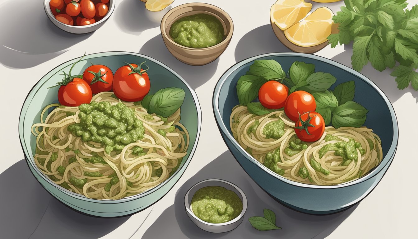 A bowl of celeriac noodles topped with pesto and cherry tomatoes, surrounded by fresh ingredients and meal prep containers