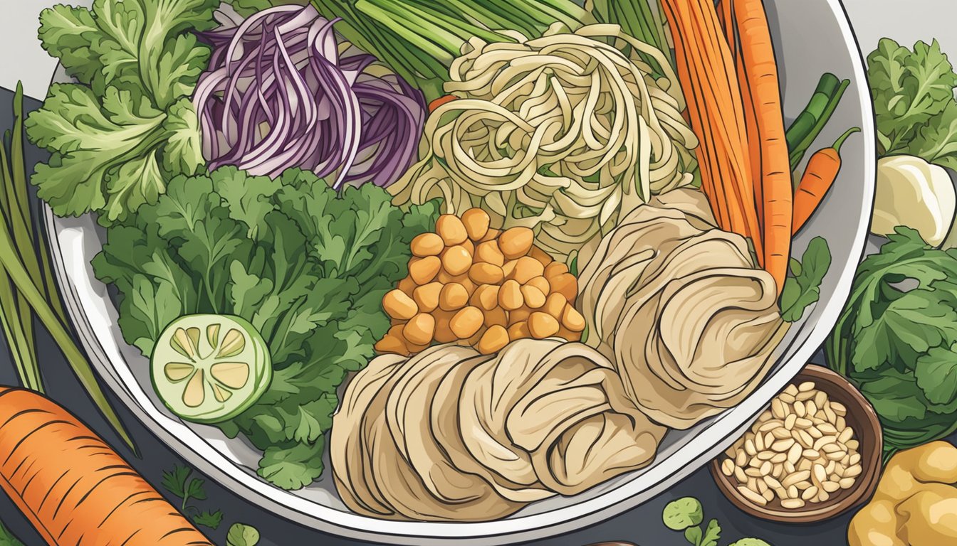 A colorful array of fresh vegetables and a rich, creamy peanut sauce surround a bowl of celeriac noodles, ready for meal prep