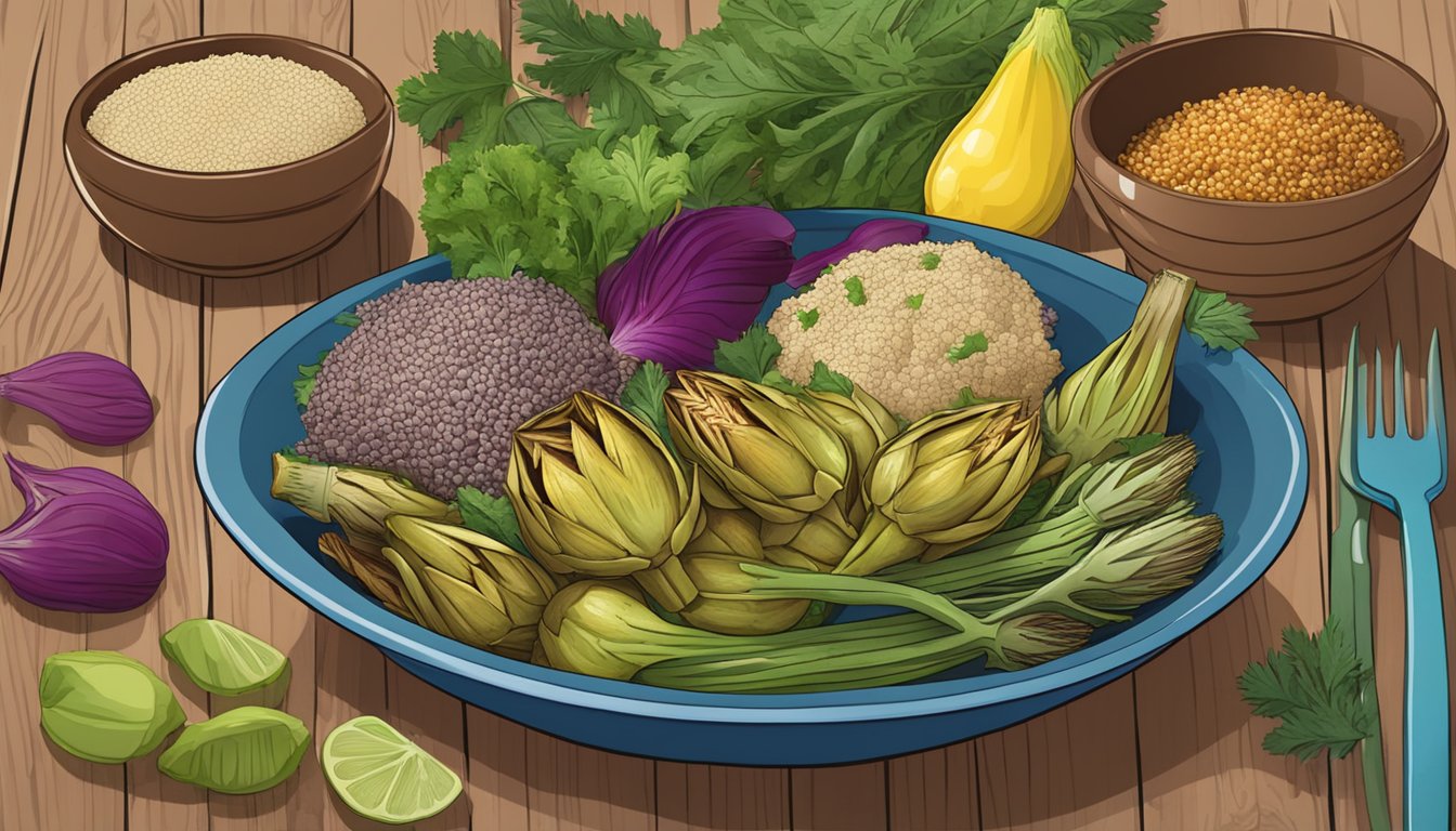 A colorful bowl filled with grilled artichokes, quinoa, and an assortment of fresh vegetables, arranged neatly on a wooden table