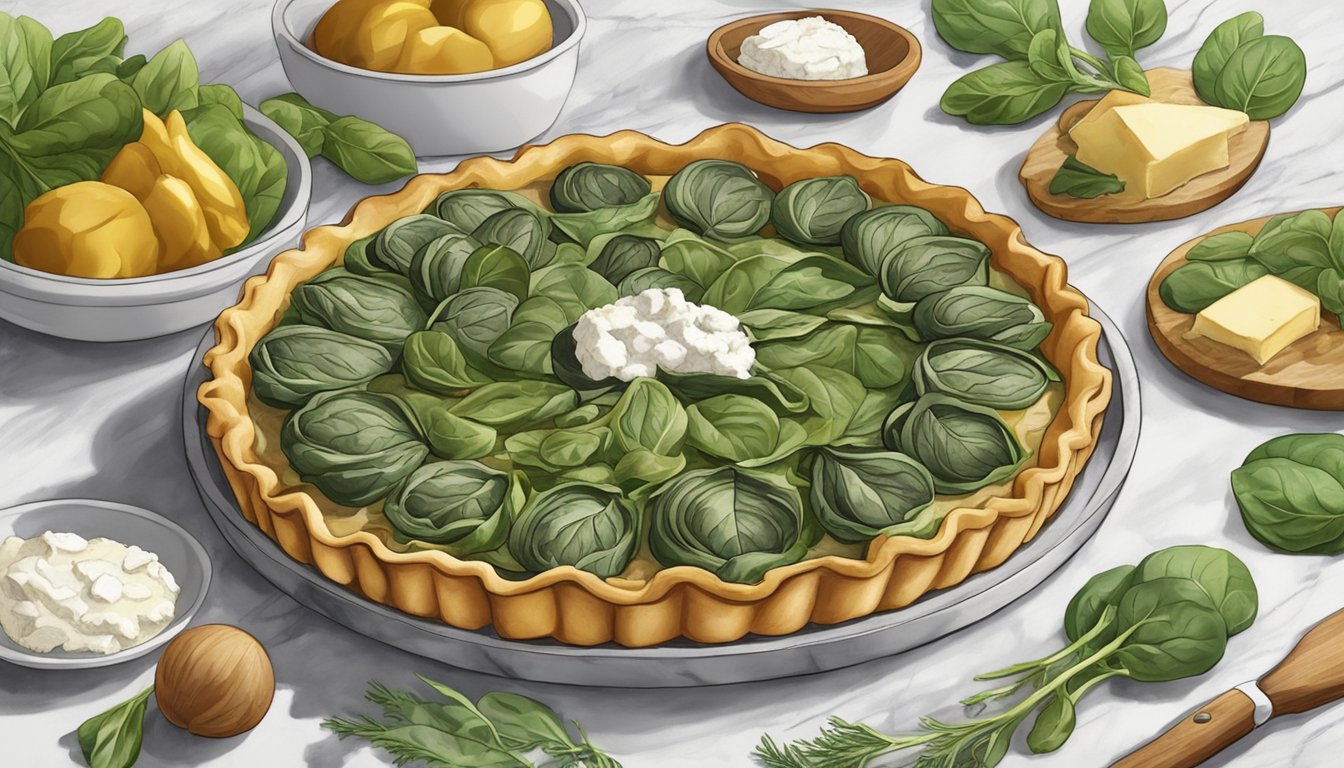 A golden-brown tart filled with artichokes, spinach, and goat cheese, surrounded by fresh ingredients and cooking utensils on a marble countertop