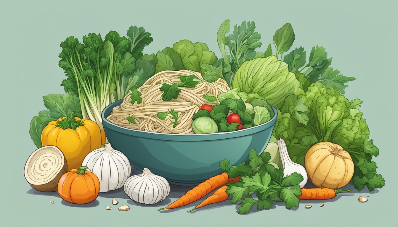 A colorful array of fresh vegetables and herbs surround a bowl of celeriac noodles, with various kitchen utensils and containers nearby for meal prep