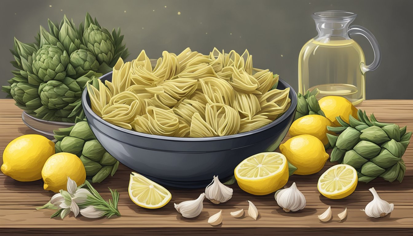 A steaming bowl of lemon garlic artichoke pasta surrounded by fresh artichokes, lemons, and garlic cloves on a rustic wooden table