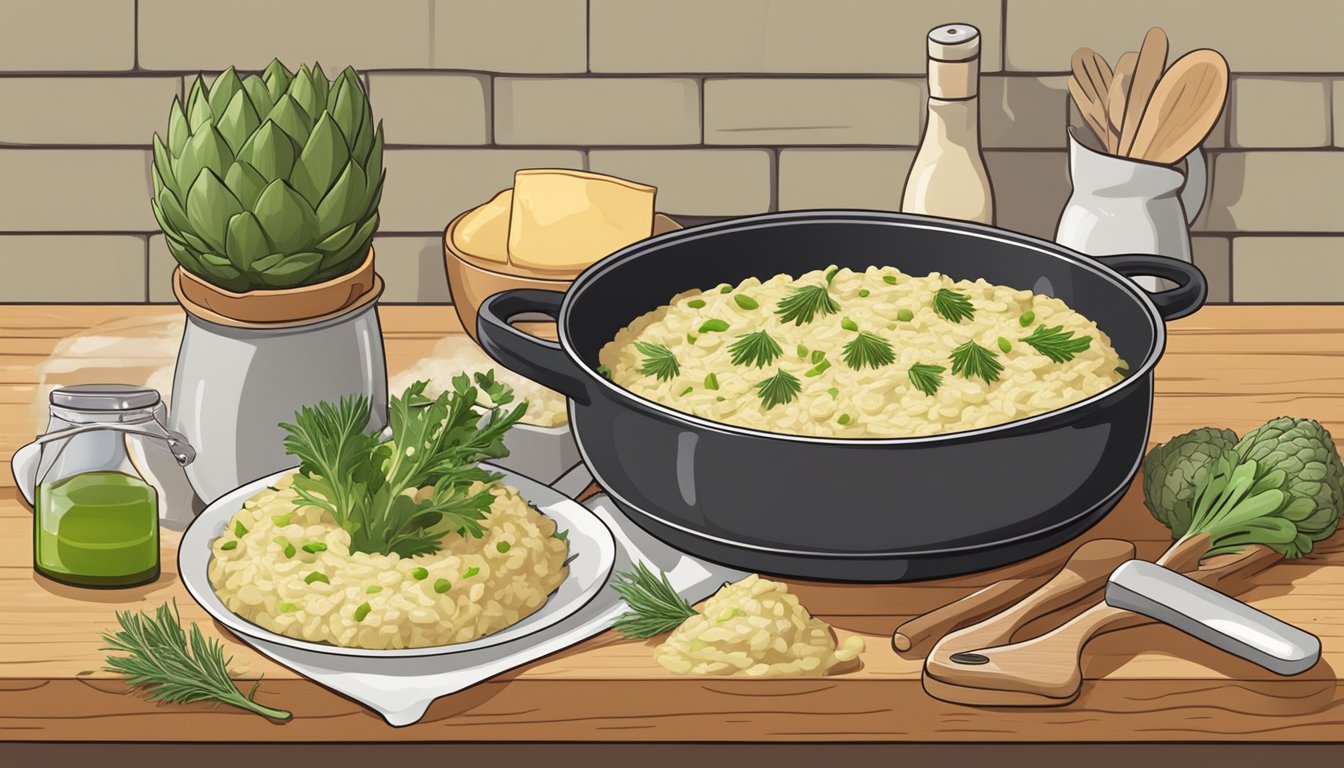 A steaming pot of creamy risotto filled with artichoke hearts, surrounded by fresh ingredients and cooking utensils on a wooden countertop