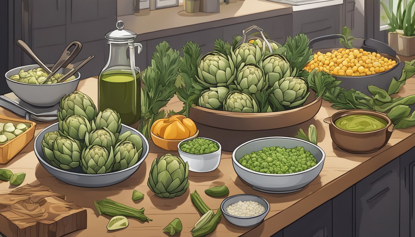 A table covered with artichokes, surrounded by a variety of fresh ingredients and cooking utensils. Prep containers filled with artichoke-based meals in the background