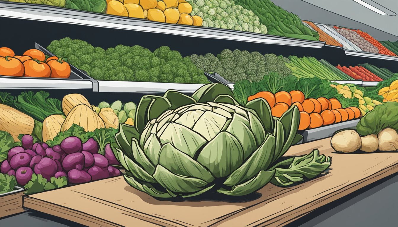 A hand reaching for a fresh artichoke in a grocery store display, with other vegetables in the background