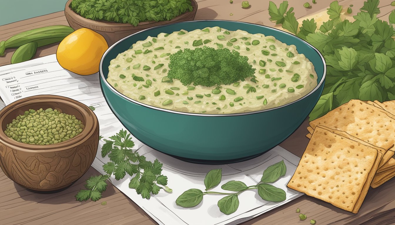 A bowl of herbed flageolet bean dip surrounded by ingredients and herbs, with a stack of recipe cards nearby