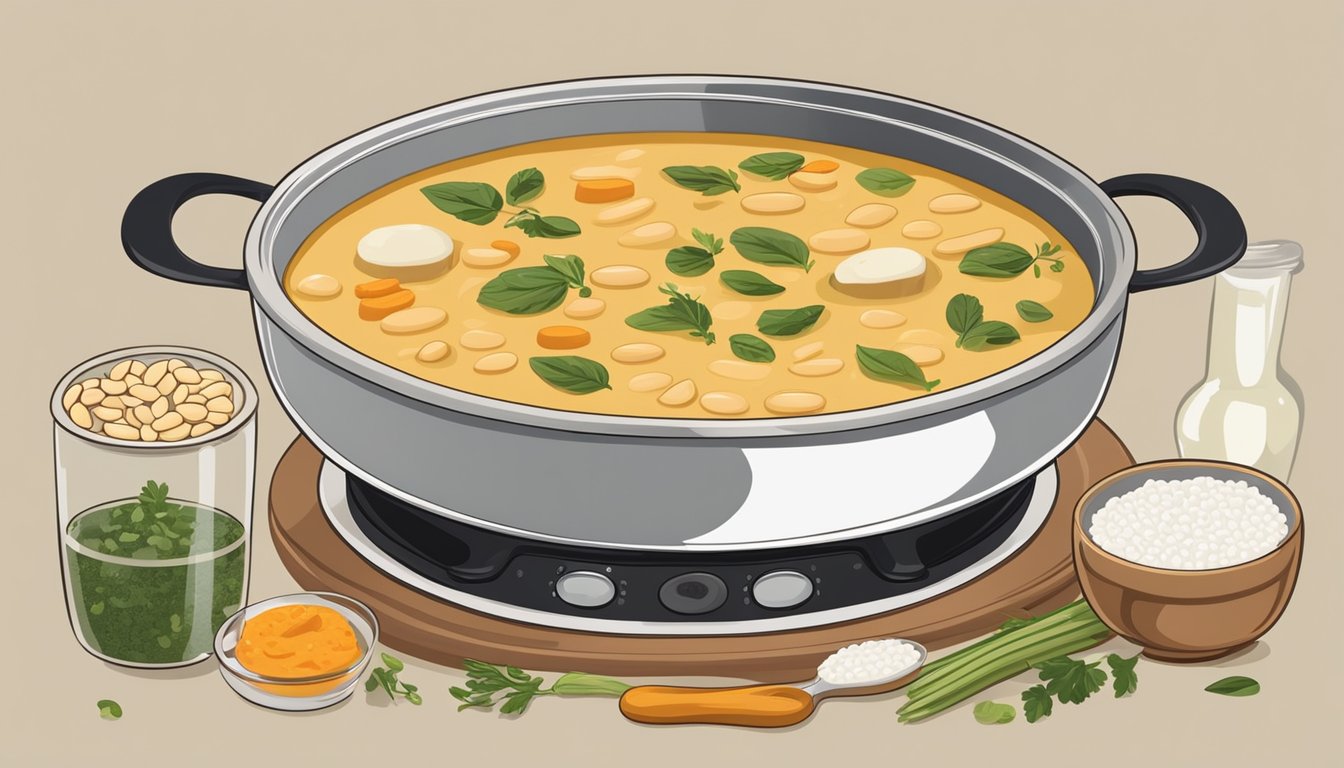 A pot of creamy flageolet bean soup simmering on a stove, surrounded by various ingredients and cooking utensils