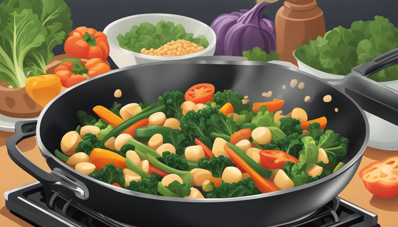 A colorful stir fry pan with flageolet beans, kale, and various vegetables sizzling over a hot stove