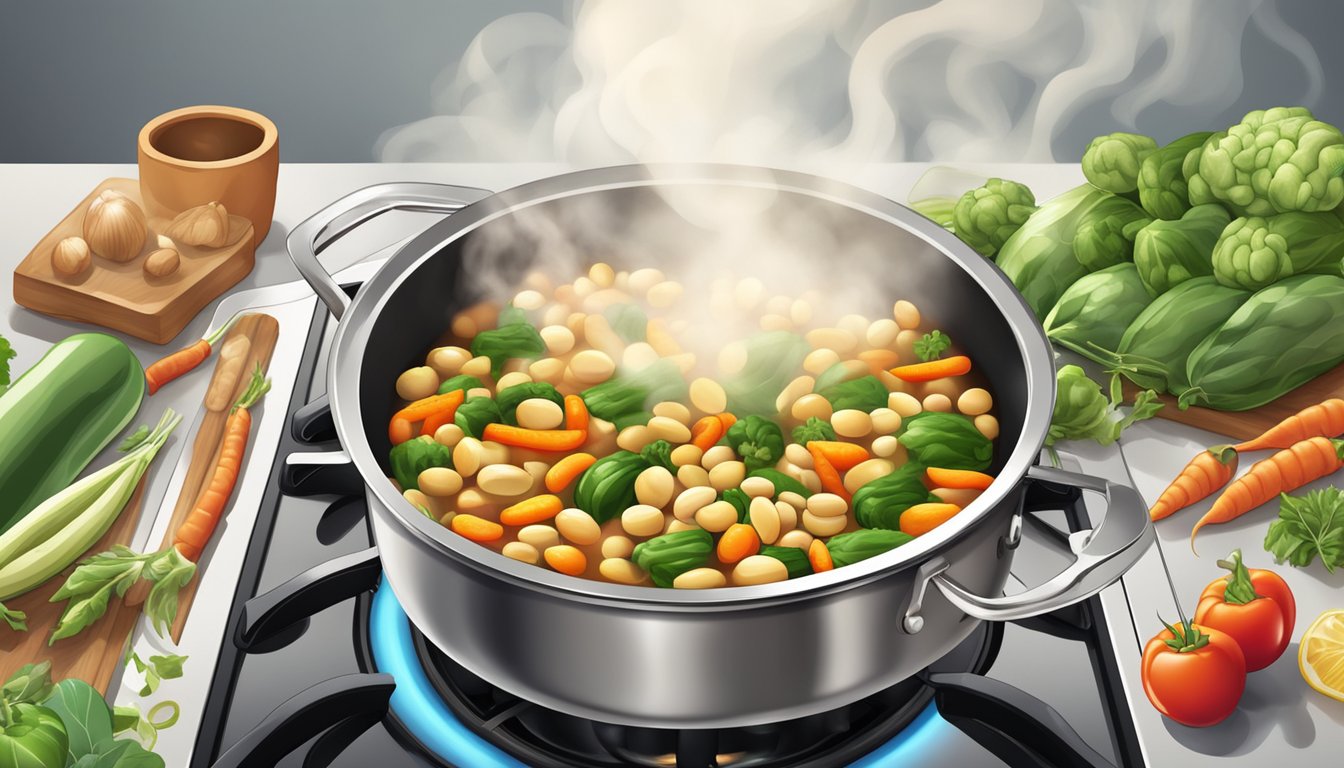 A colorful array of vegetables and flageolet beans simmering in a large pot on a stove, with steam rising and fragrant spices in the air