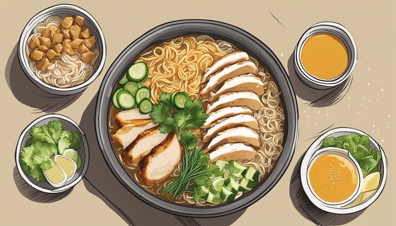 A steaming bowl of chicken miso ramen surrounded by fresh ingredients and meal prep containers