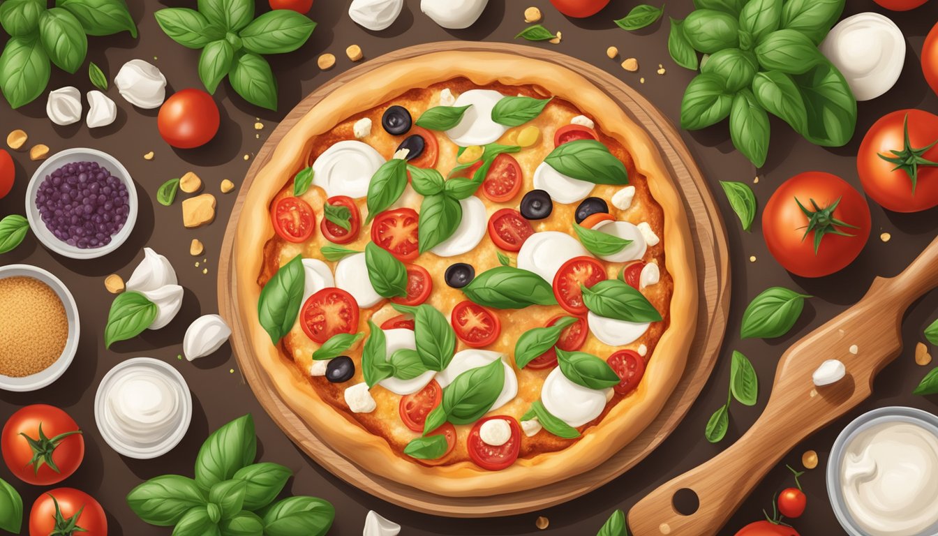 A wooden table with a freshly baked whole wheat margherita pizza surrounded by ingredients like tomatoes, basil, and mozzarella