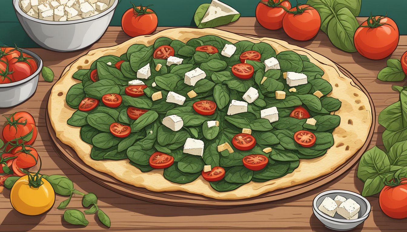 A wooden table with a freshly baked spinach and feta flatbread surrounded by colorful ingredients like tomatoes, spinach, and feta cheese