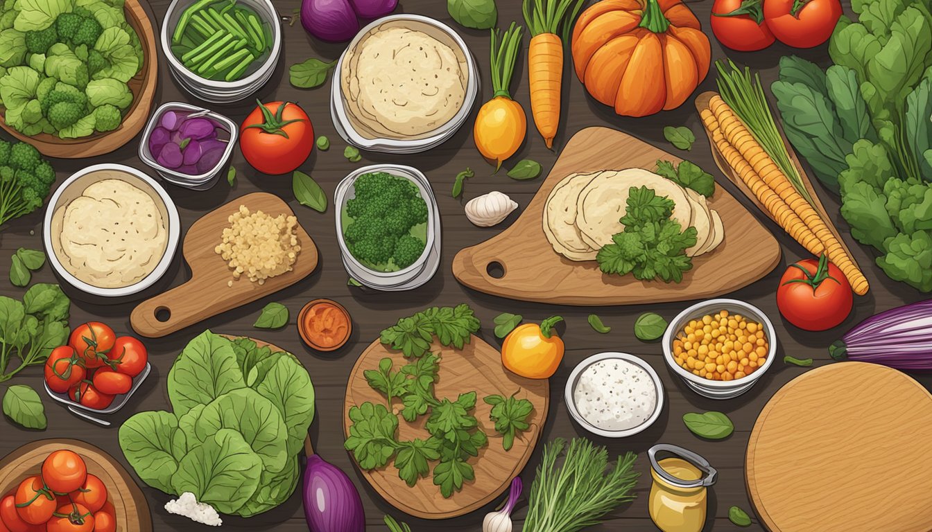 A colorful array of fresh vegetables, gluten-free crust, and aromatic herbs on a wooden cutting board, surrounded by various meal prep containers and kitchen utensils