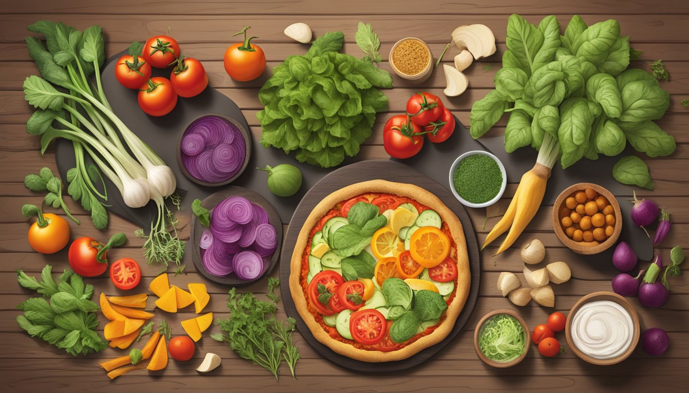 A rustic wooden table topped with a colorful assortment of fresh vegetables, herbs, and a golden-brown sweet potato crust pizza