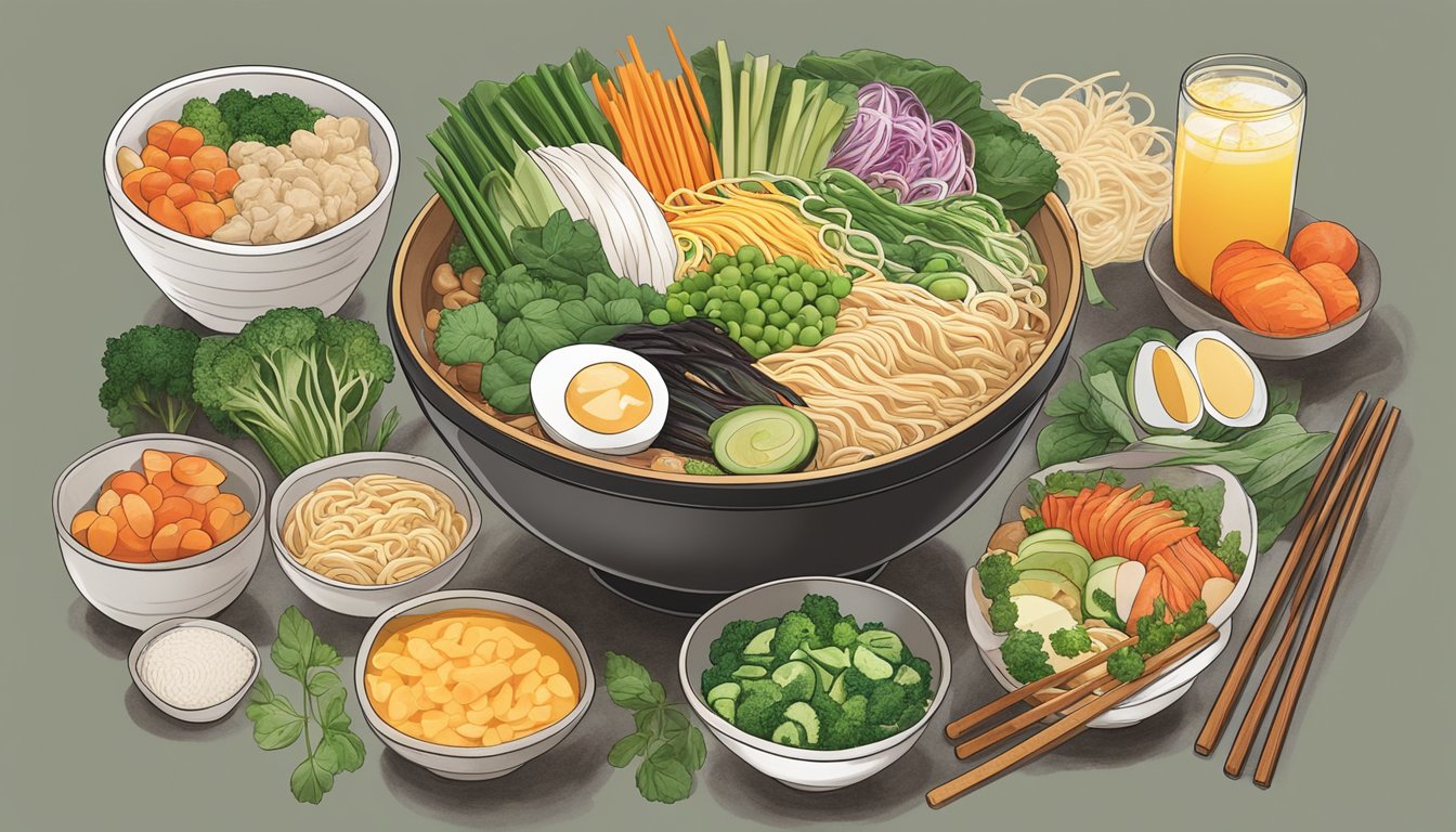 A variety of colorful, fresh ingredients arranged around a steaming bowl of ramen, showcasing the nutritional benefits and meal prep possibilities