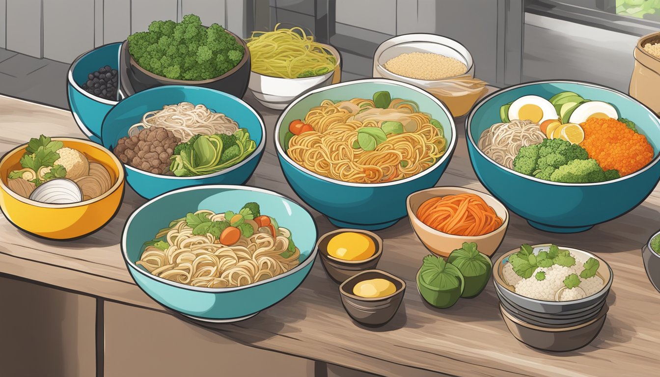 A kitchen counter with six colorful bowls filled with neatly arranged ingredients for meal prepping ramen