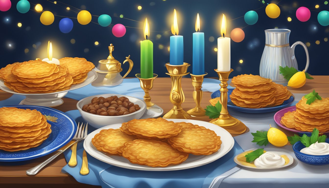 A festive table set with golden latkes and a dollop of sour cream, surrounded by colorful Hanukkah decorations