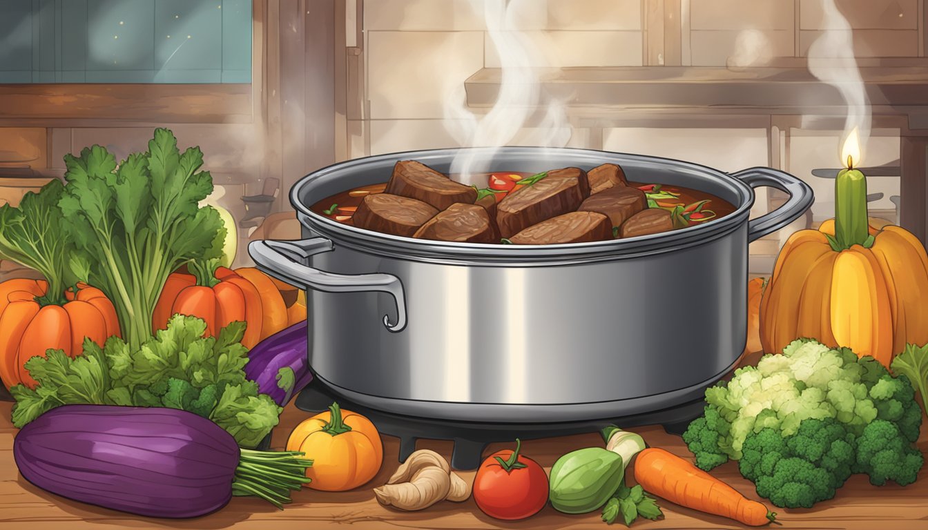 A large pot of brisket stew simmering on a stovetop, surrounded by colorful vegetables and herbs, with a menorah and dreidels in the background