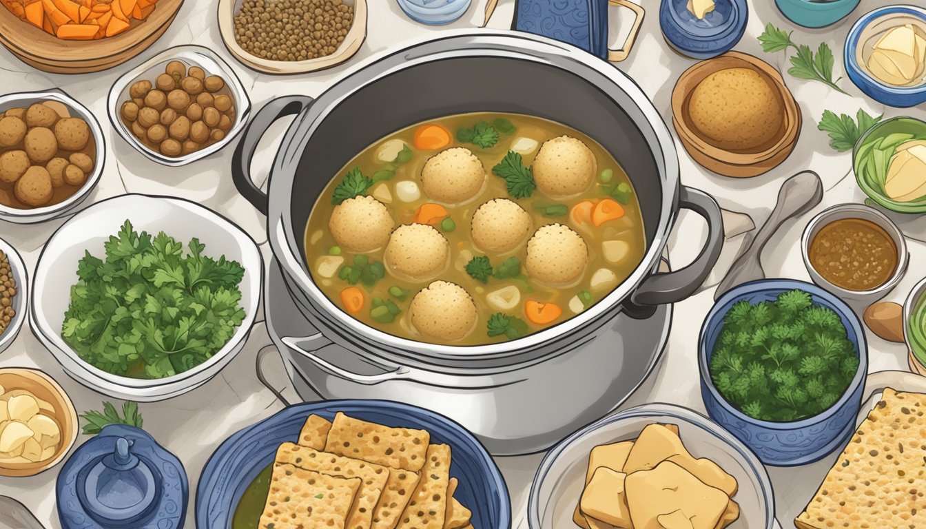 A steaming pot of vegan matzo ball soup surrounded by colorful Hanukkah meal prep ingredients