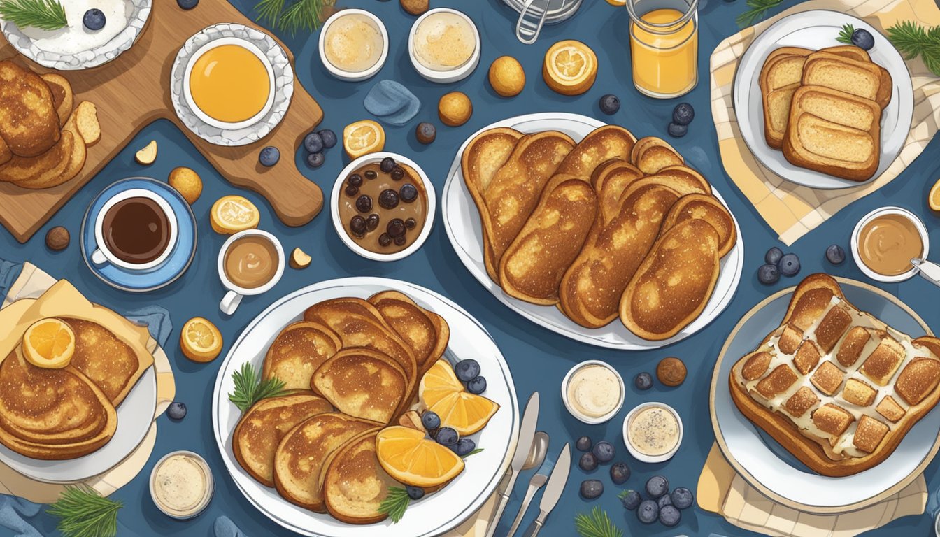 A table set with 10 plates of Challah French Toast, surrounded by Hanukkah decorations and ingredients for meal prep