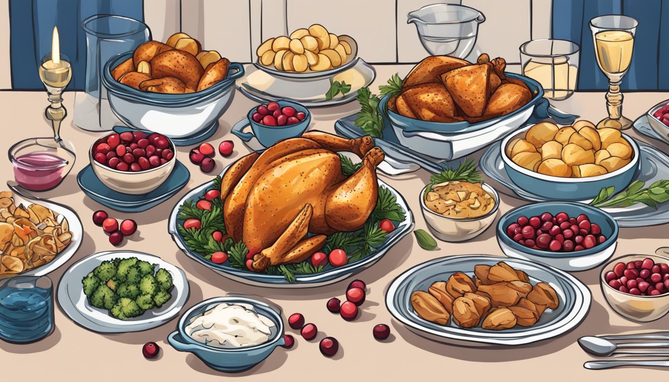 A festive table set with cranberry roasted chicken and 10 meal prep ideas for Hanukkah, featuring traditional dishes and holiday decorations