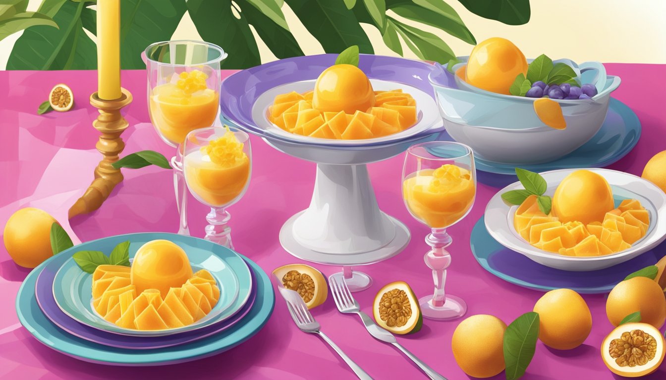 A colorful array of passion fruit sorbet containers arranged with fresh fruit and decorative garnishes on a festive Valentine's Day table setting