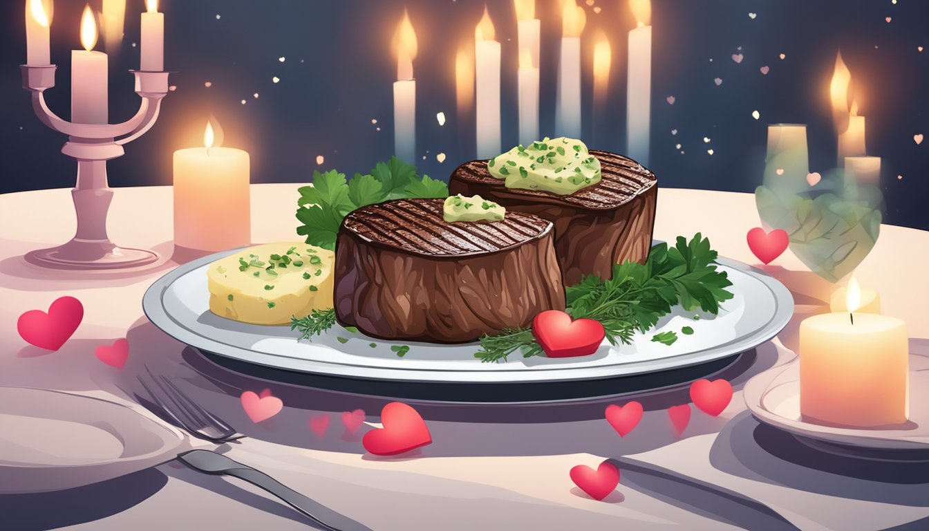 A sizzling filet mignon topped with herb butter on a white plate surrounded by romantic Valentine's Day decorations and candles