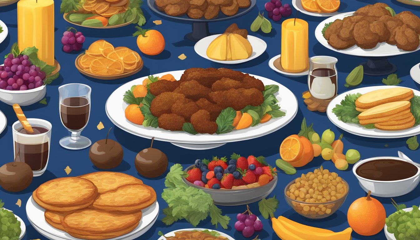 A festive table spread with traditional Hanukkah foods, including latkes, sufganiyot, and brisket, surrounded by colorful fruits and vegetables