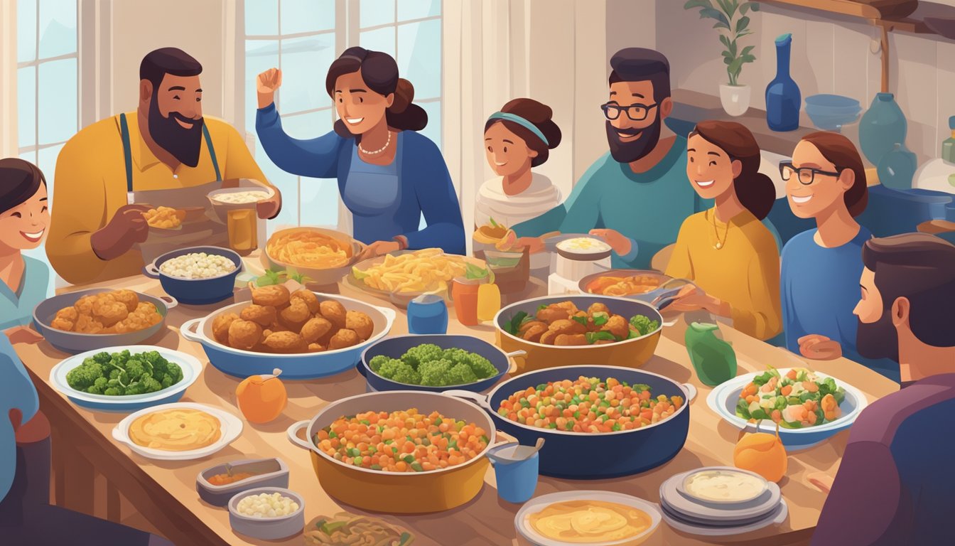 A family gathering around a table filled with traditional Hanukkah foods, alongside colorful and fresh meal prep containers