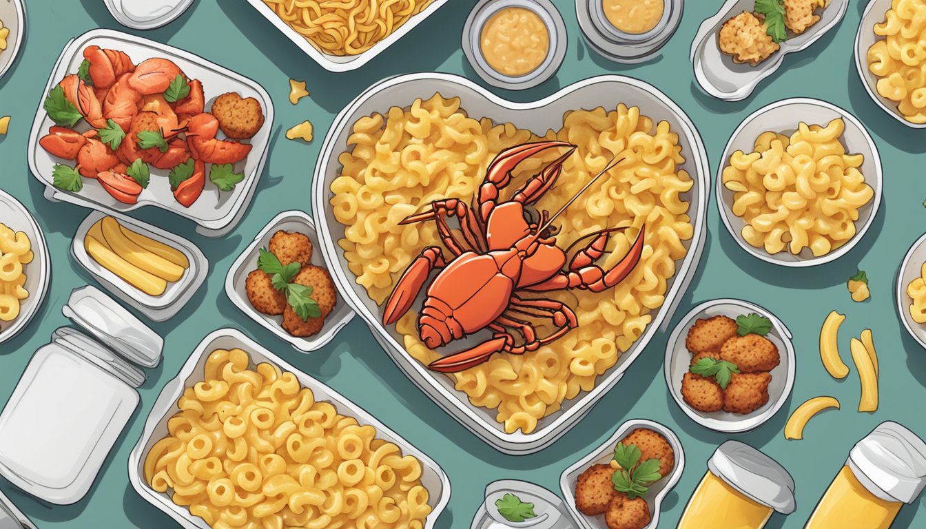 A heart-shaped dish of lobster mac and cheese surrounded by neatly arranged meal prep containers