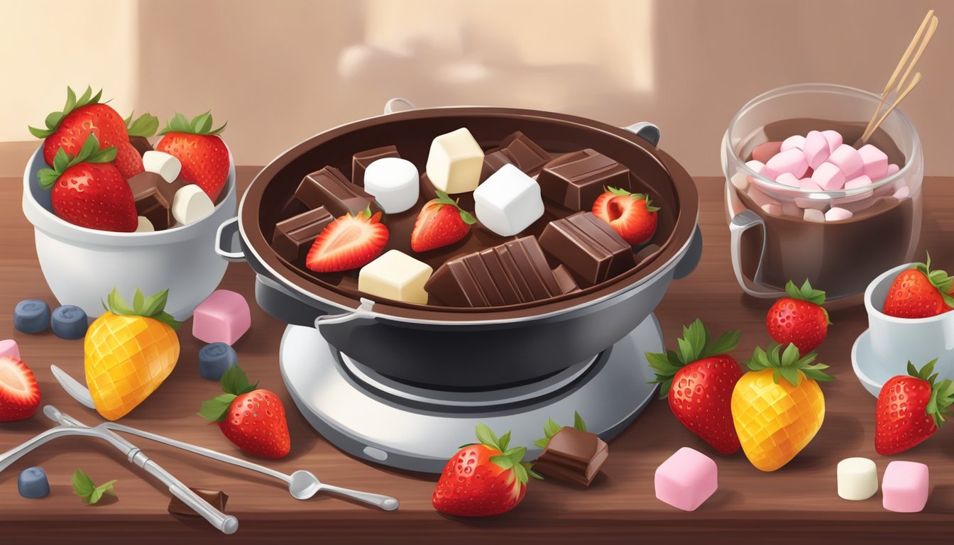 A small fondue pot filled with dark chocolate surrounded by strawberries, marshmallows, and other assorted fruits and treats on a table