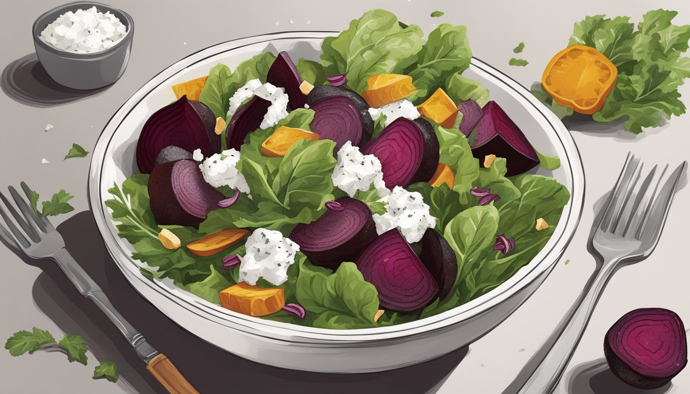 A colorful salad bowl with roasted beets, crumbled goat cheese, and mixed greens arranged in an artful and appetizing manner