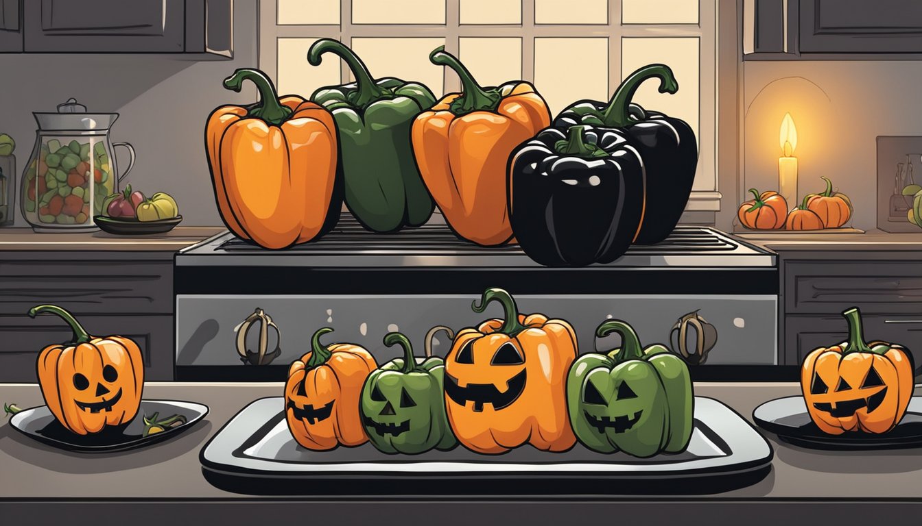 A dark kitchen with eerie lighting, a row of spooky stuffed peppers on a black serving platter, surrounded by Halloween-themed decorations