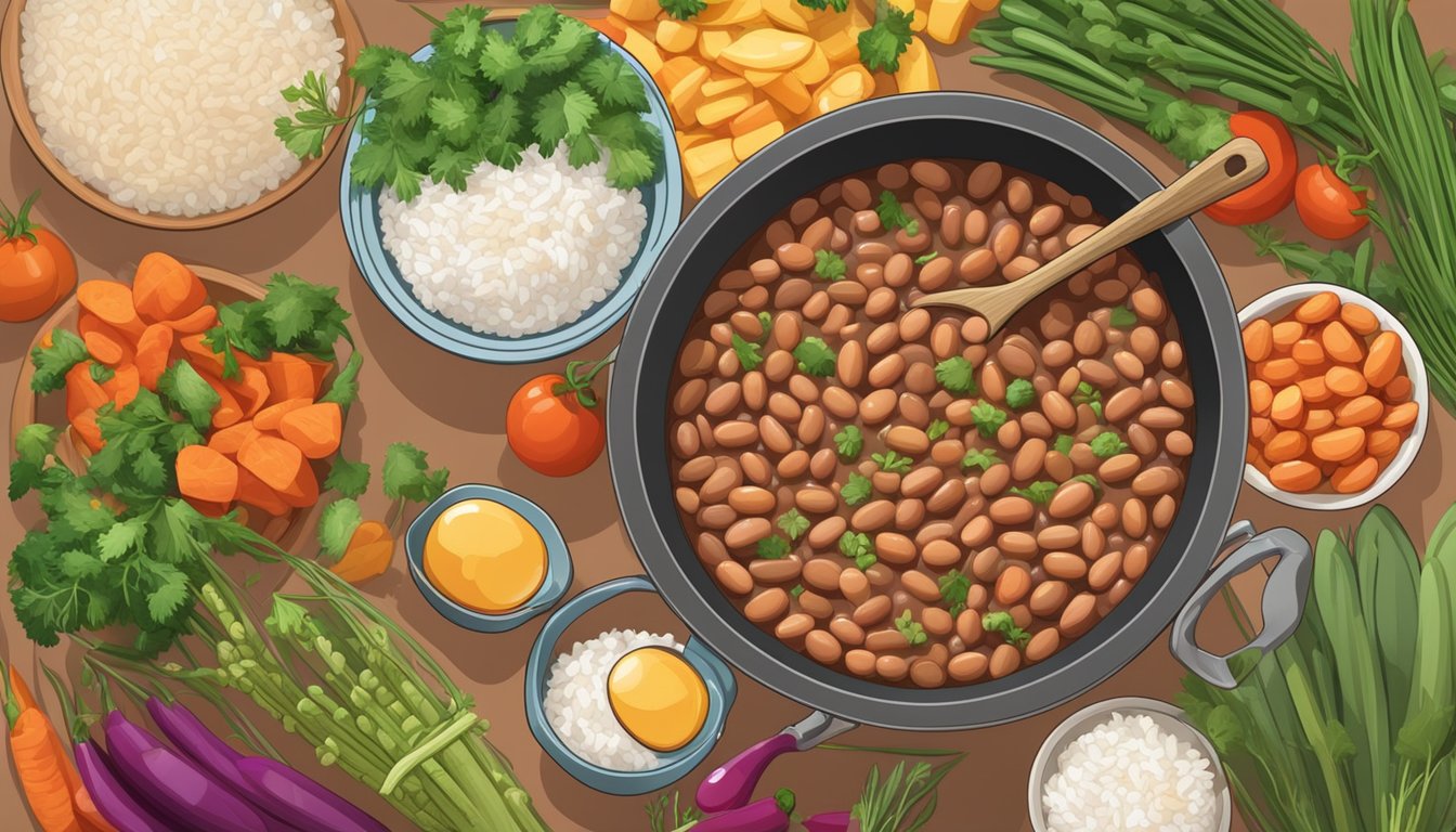 A steaming pot of perfectly cooked pinto beans, surrounded by colorful vegetables and herbs, with a bowl of fluffy rice on the side