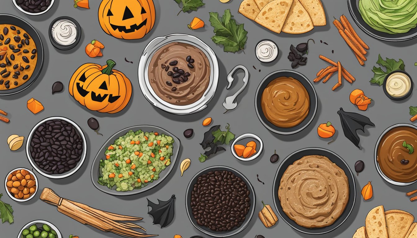 A spooky Halloween-themed meal prep spread with a bowl of Batty Black Bean Hummus surrounded by other festive dishes and ingredients