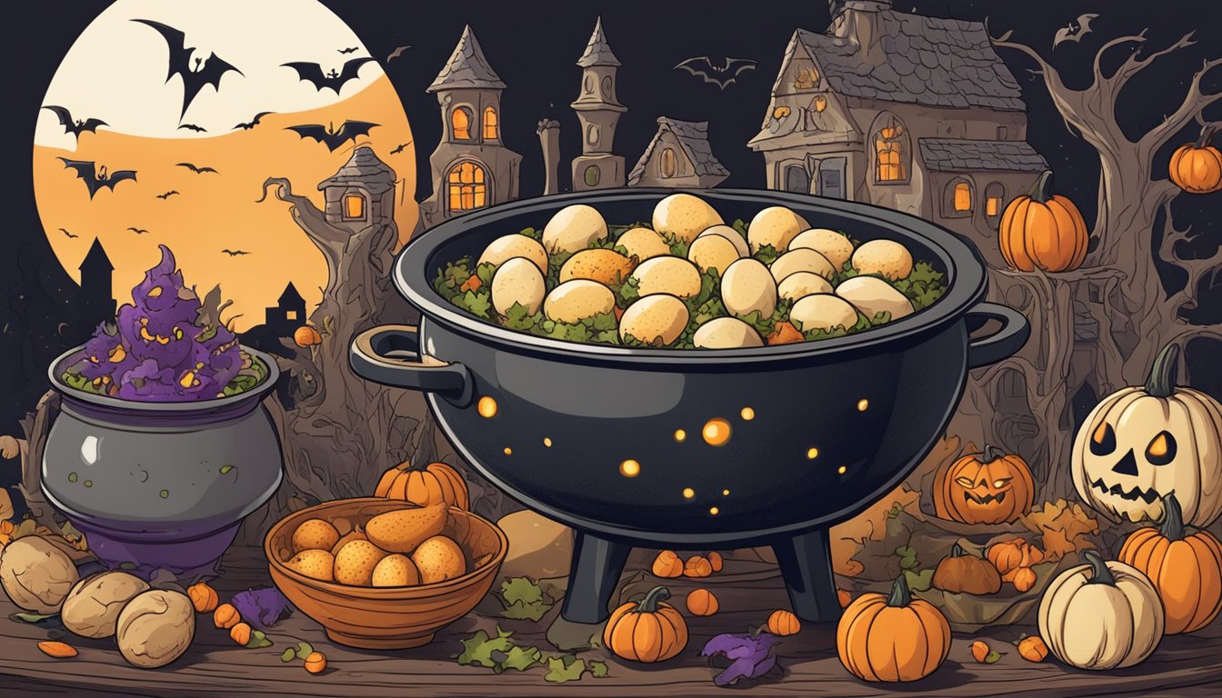 A cauldron filled with deviled dragon eggs surrounded by spooky decorations and Halloween-themed meal prep ingredients