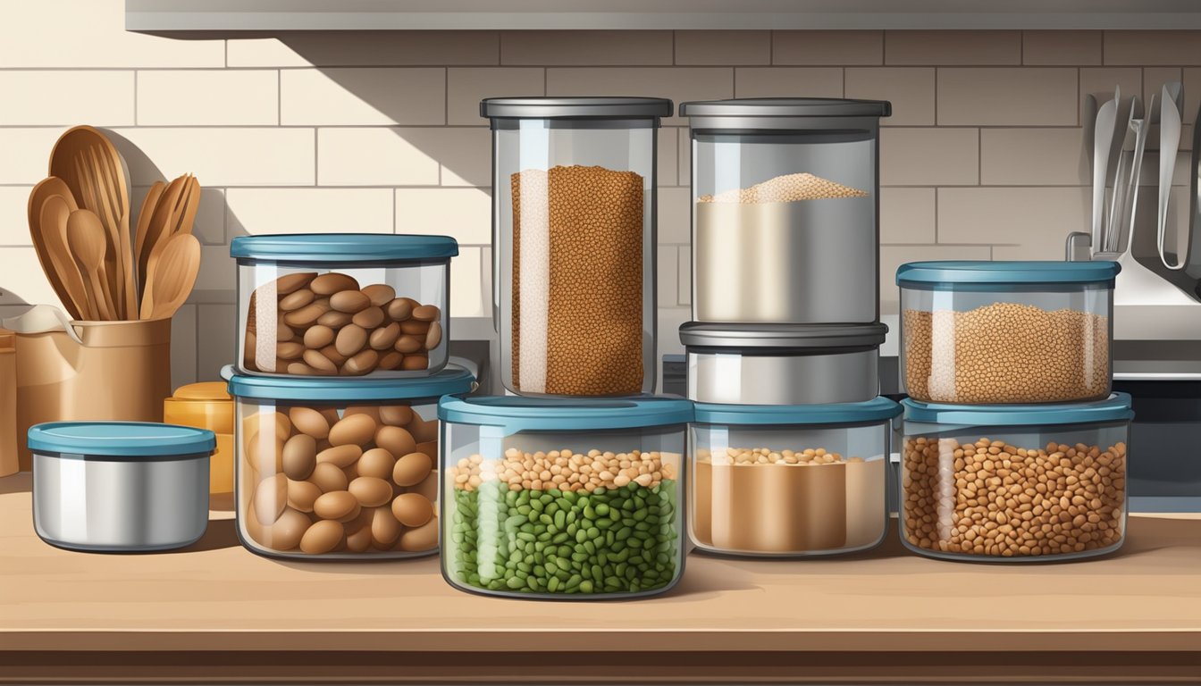 A kitchen counter with a bag of pinto beans, a pot, and various containers for storing and organizing leftovers