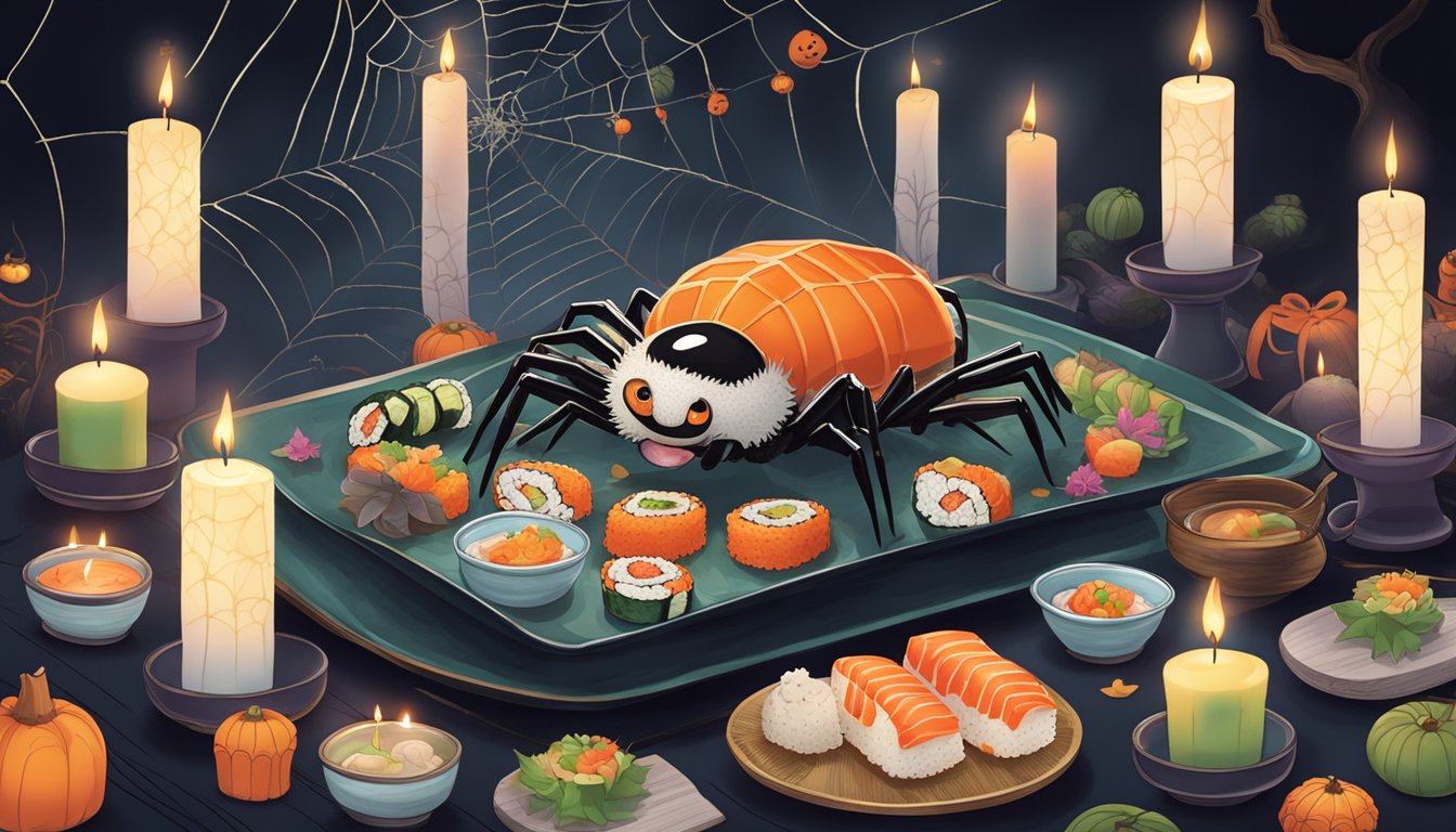 A spider-shaped sushi platter surrounded by eerie, glowing candles and spooky decorations