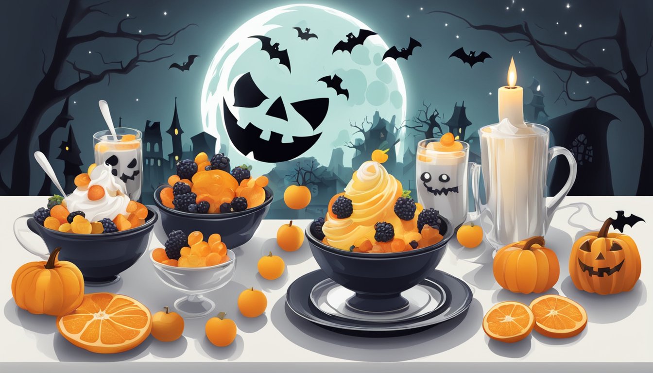 A spooky table set with ghost-shaped fruit parfaits, surrounded by Halloween decorations and dim lighting