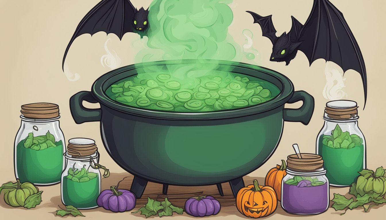 A bubbling cauldron emits green smoke, surrounded by jars of eye of newt and bat wings, with a sign reading "Witch's Brew Broth 10 meal prep ideas for Halloween."