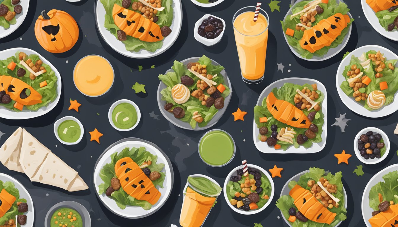 A spooky Halloween feast with themed meal prep ideas, including jack-o-lantern salads, mummy wraps, and ghostly smoothies