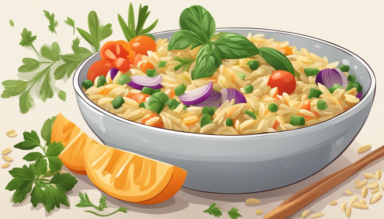 A bowl of perfectly cooked orzo surrounded by colorful, fresh vegetables and herbs, with a sprinkle of parmesan cheese on top