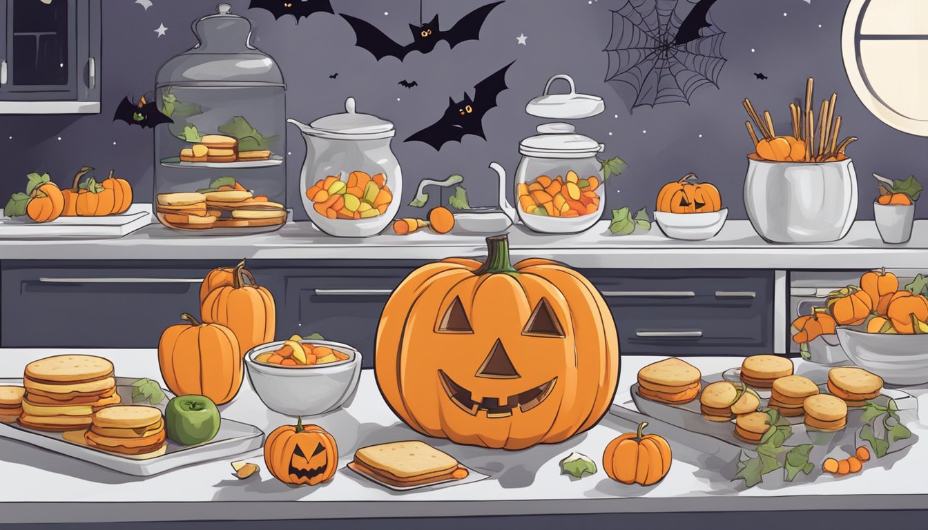 A spooky kitchen scene with Halloween-themed meal prep: pumpkin-shaped sandwiches, ghost-shaped cookies, and bat-shaped fruit skewers