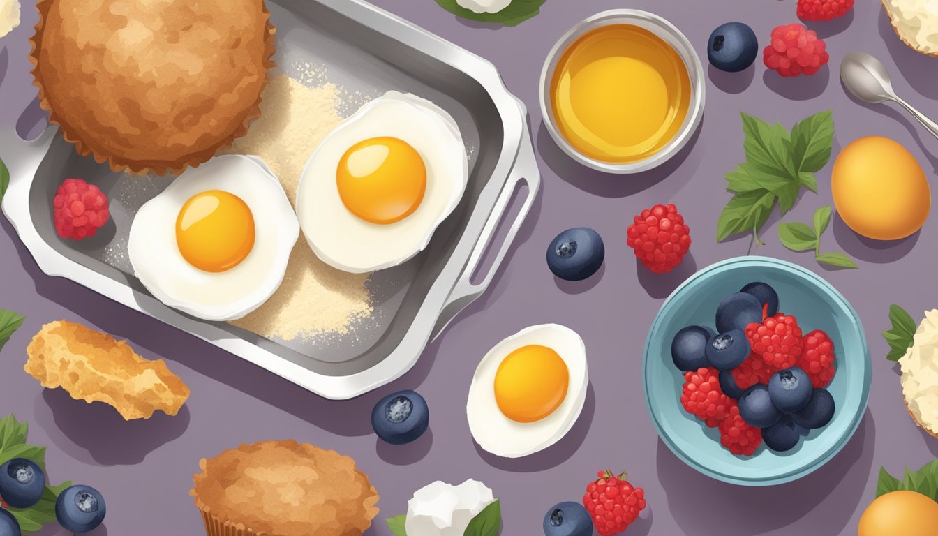 A kitchen counter with a mixing bowl, coconut flour, eggs, and a muffin tin, surrounded by ingredients like berries and honey