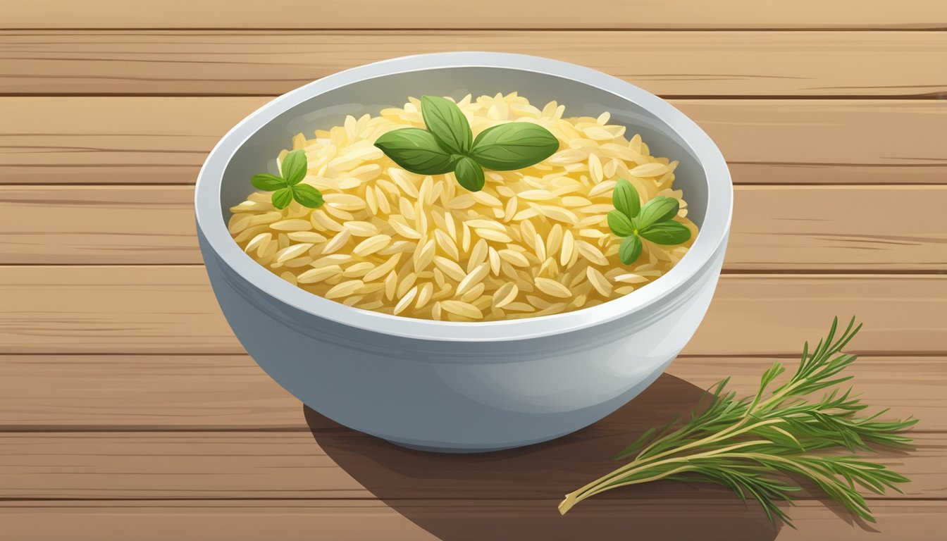 A steaming bowl of orzo, glistening with a light coating of olive oil, garnished with fresh herbs and nestled on a rustic wooden table