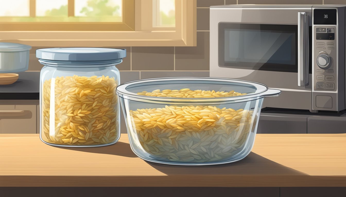 A clear glass container filled with perfectly cooked orzo, with a lid beside it. A microwave in the background