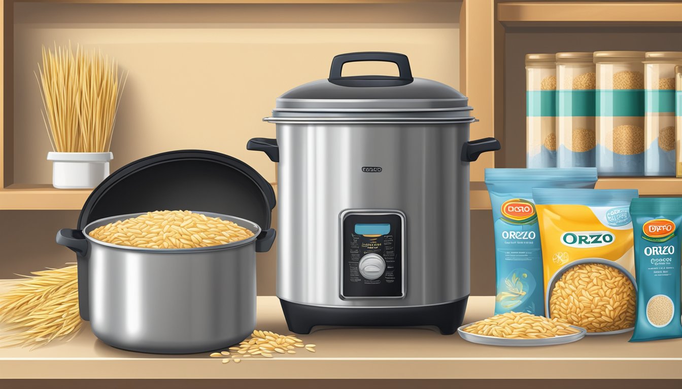 A pot of orzo cooking on a stovetop, a container of dry orzo on a pantry shelf, and a sealed bag of orzo in a grocery store aisle